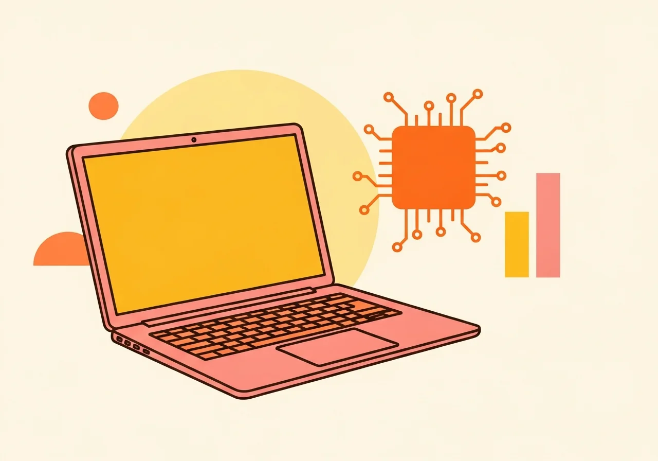 Illustration éditoriale d'un ordinateur portable rose avec un emblème de puce et un graphique en barres, évoquant le rapport performance-prix d'AMD Ryzen, sur fond crème