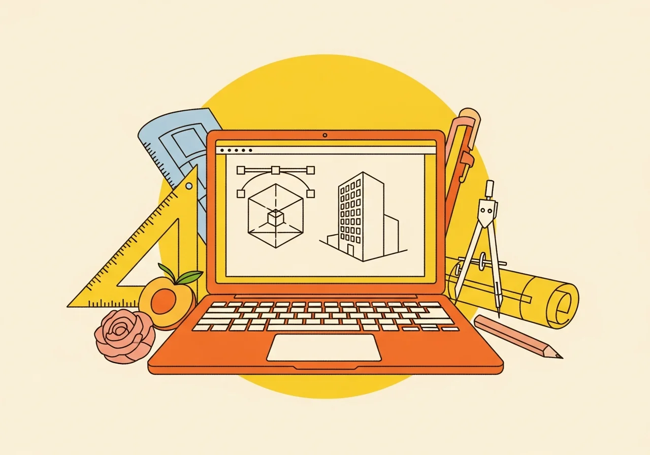 Illustration éditoriale d'un ordinateur portable affichant un plan filaire 3D, avec équerre, compas et rouleau de plans, évoquant la CAO et l'architecture, sur fond crème