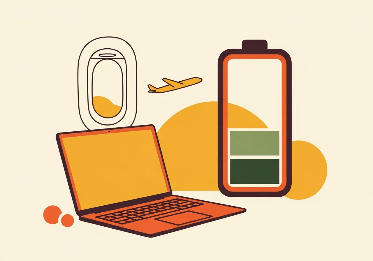 Illustration éditoriale d'un ordinateur portable tangerine avec une batterie presque pleine et un hublot d'avion, évoquant une grande autonomie longue distance, sur fond crème