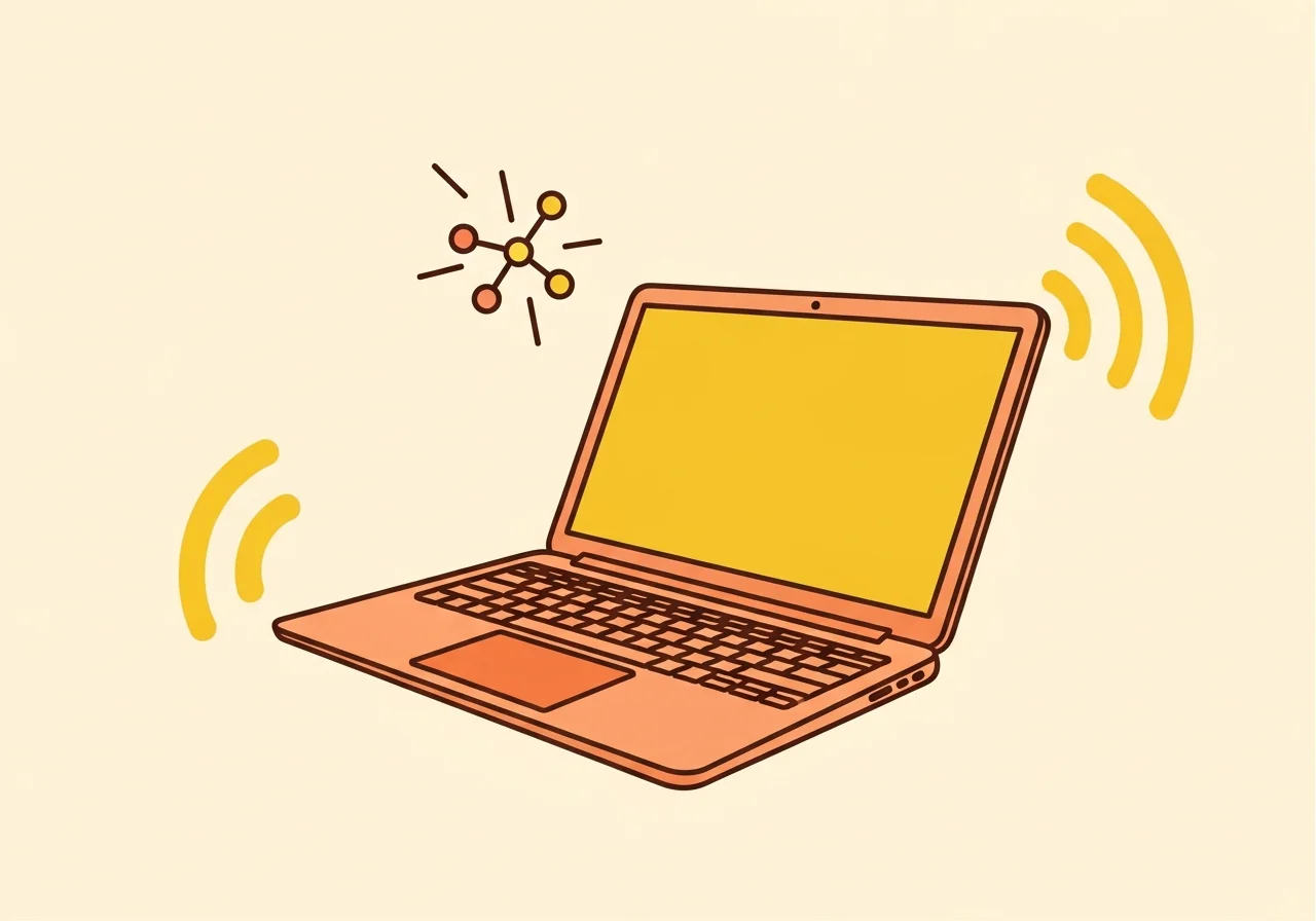 Illustration éditoriale d'un ordinateur portable fin et silencieux avec une étincelle d'IA embarquée et des arcs concentriques, évoquant un PC Copilot+ ARM, sur fond crème