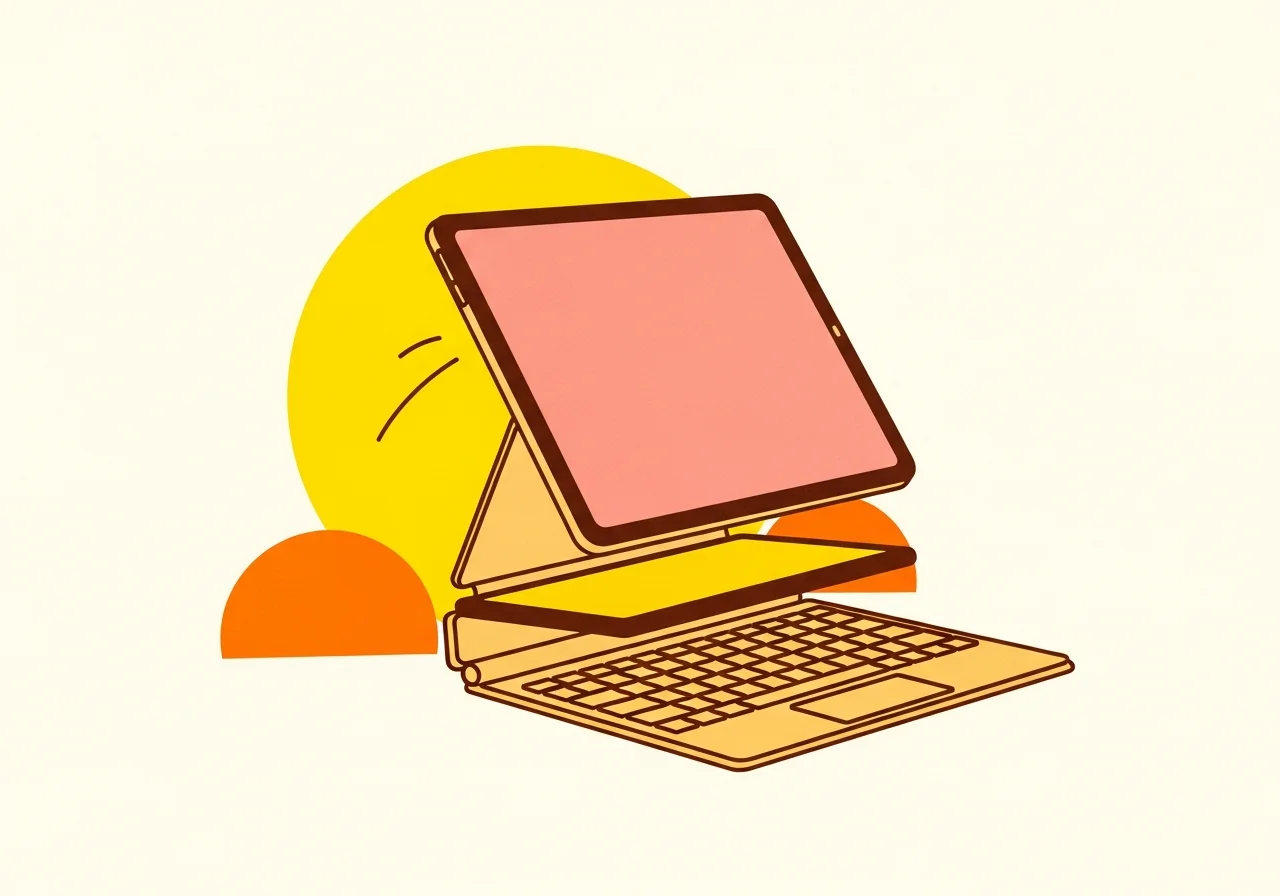 Illustration éditoriale d'une tablette détachable se séparant de son clavier, évoquant un 2-en-1 détachable, halo jaune, sur fond crème