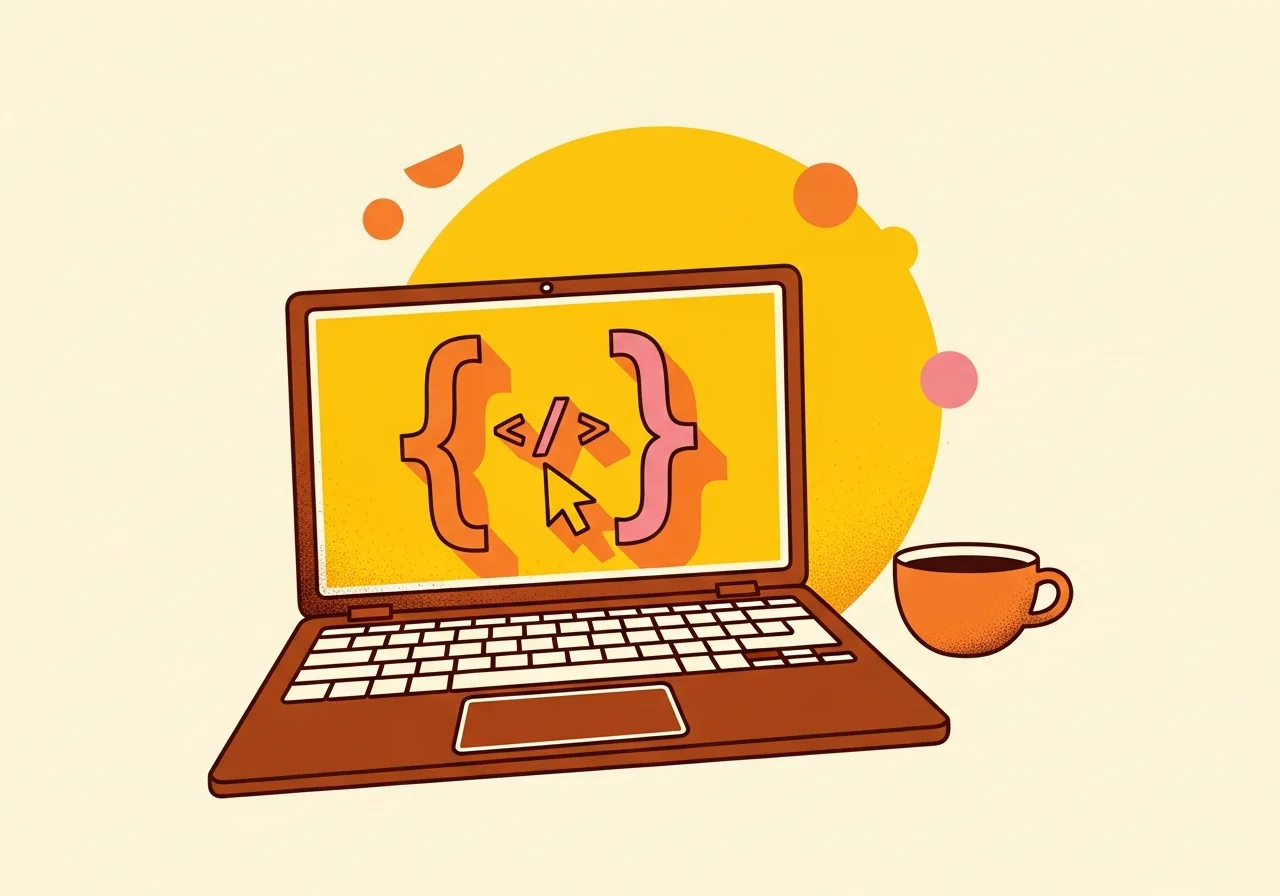 Illustration éditoriale d'un ordinateur portable affichant des accolades de code et un curseur, avec une tasse de café, évoquant le développement, sur fond crème
