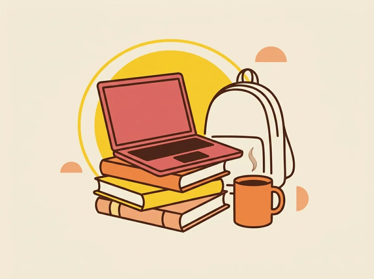 Illustration éditoriale d'un laptop rose-pink posé sur une pile de livres tangerine/yellow/apricot, mug fumant et sac à dos en arrière-plan, halo jaune