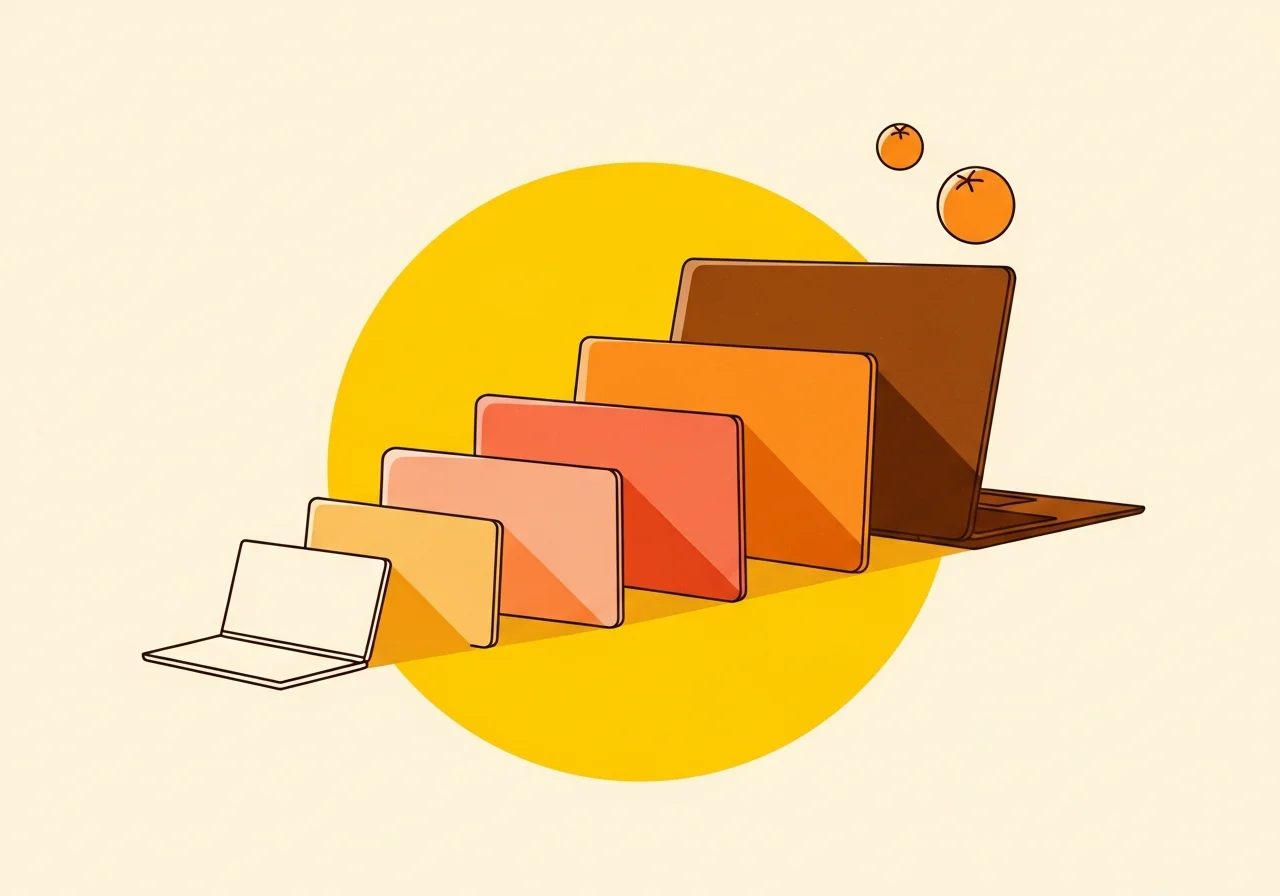 Illustration éditoriale de cinq MacBook alignés en cascade, halo jaune et demi-cercles apricot