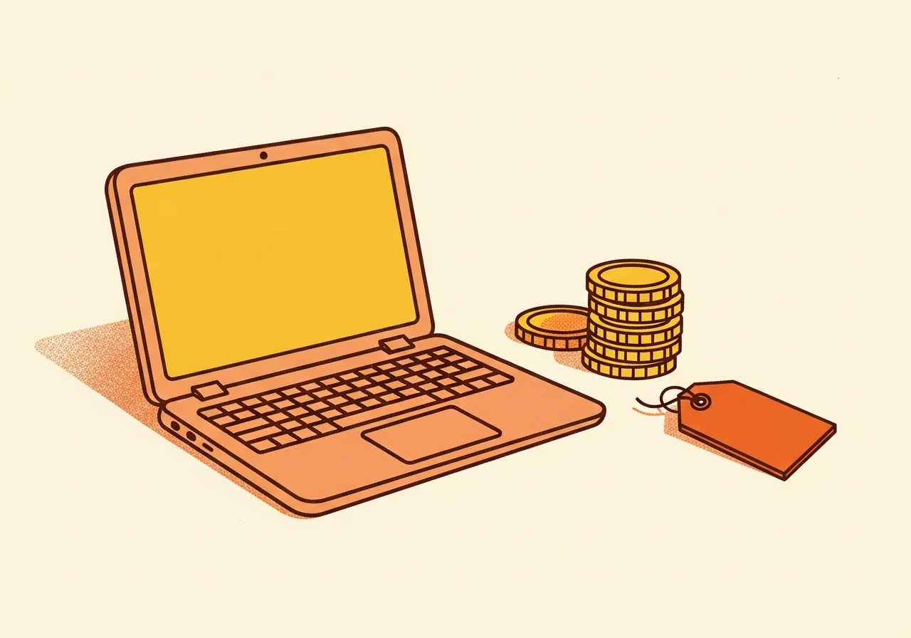Illustration éditoriale d'un petit ordinateur portable abricot avec des pièces empilées et une étiquette de prix, évoquant le petit budget, sur fond crème