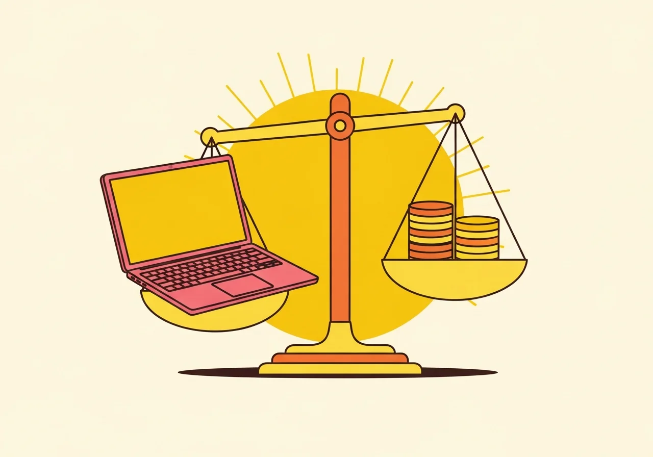 Illustration éditoriale d'une balance à deux plateaux pesant un ordinateur portable et des pièces, évoquant le rapport qualité-prix, sur fond crème