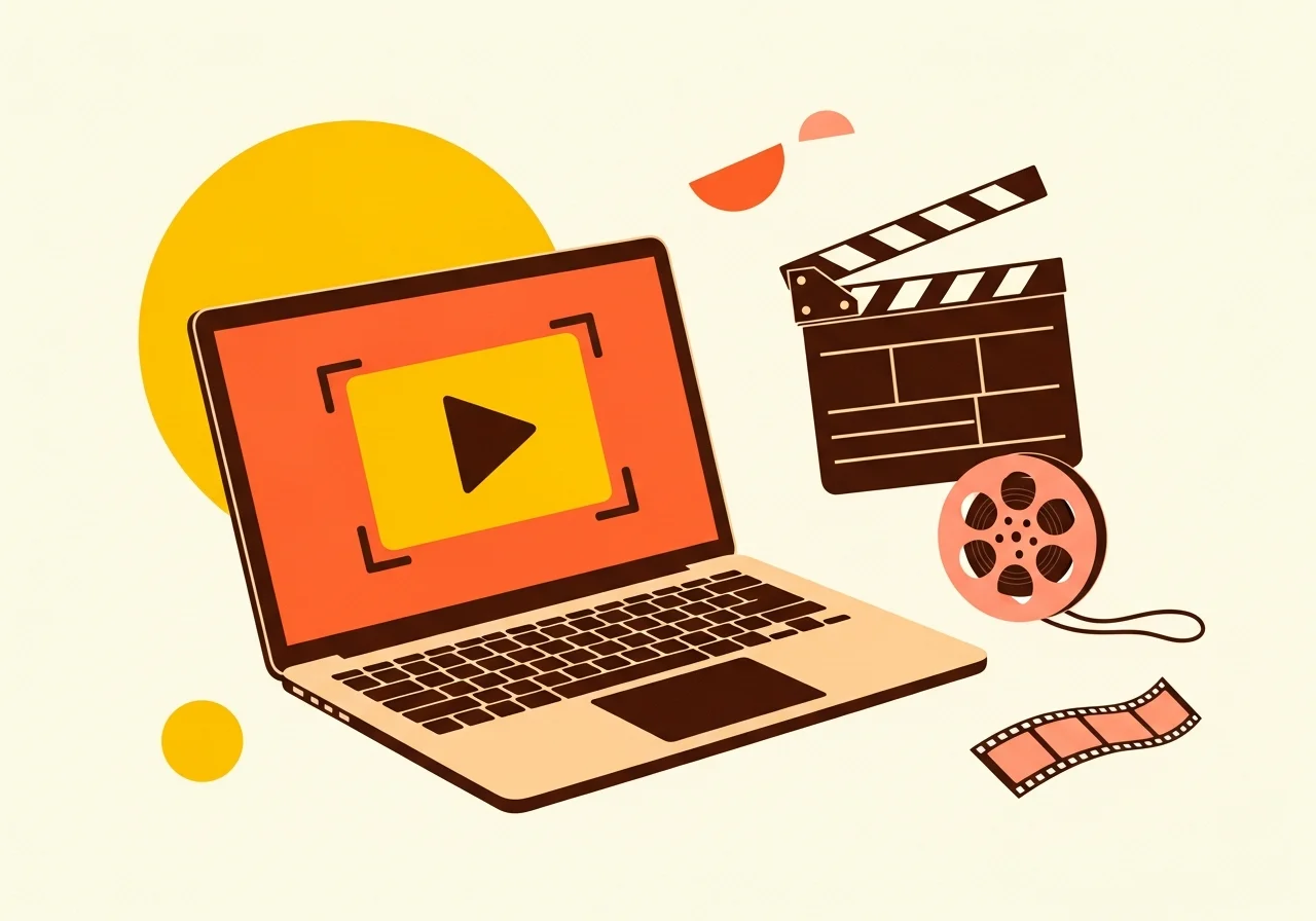 Illustration éditoriale d'un ordinateur portable avec un bouton lecture, un clap de cinéma et une bobine de film, évoquant le montage vidéo, sur fond crème
