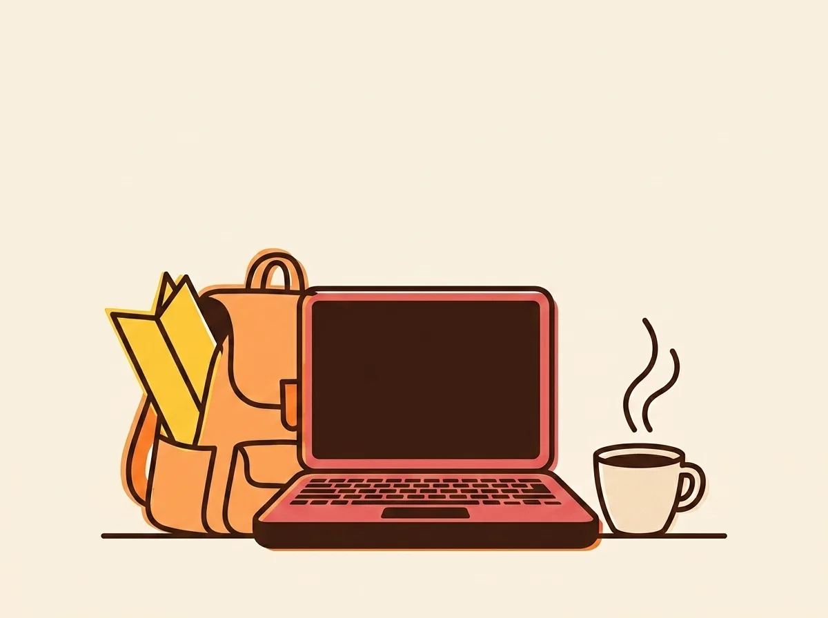Illustration éditoriale d'un netbook posé avec sac à dos apricot, tasse fumante et carte pliée