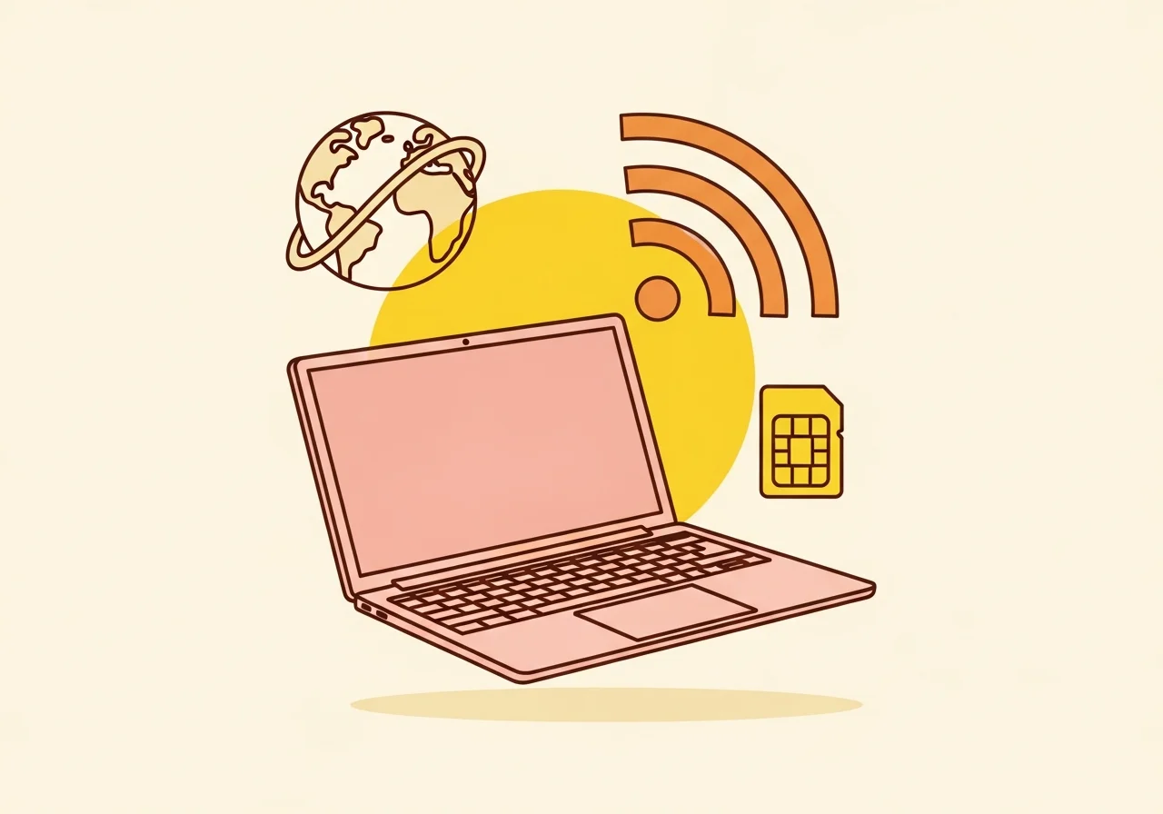 Illustration éditoriale d'un ordinateur portable rose avec un globe, des ondes de connexion et une carte SIM, évoquant le nomadisme digital et l'eSIM, sur fond crème