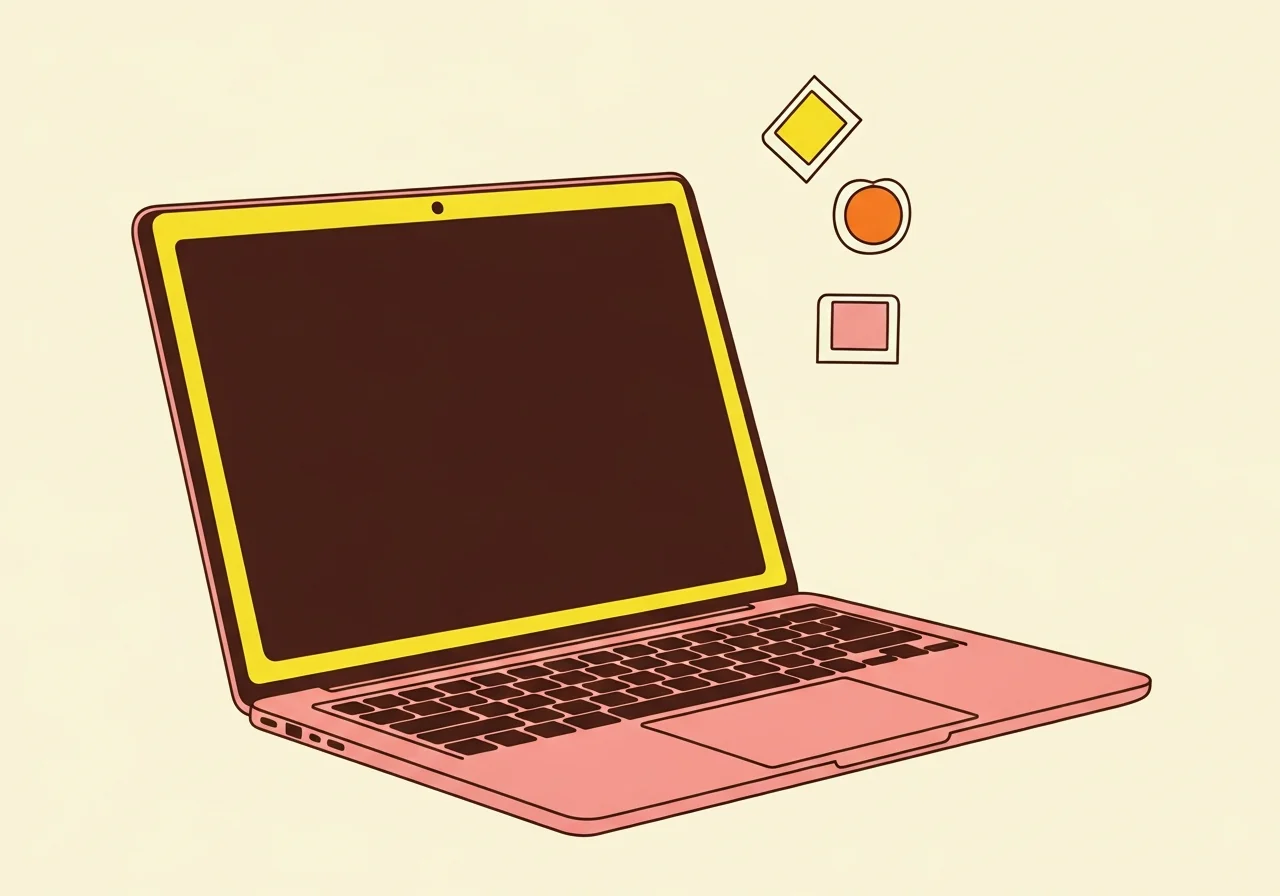 Illustration éditoriale d'un ordinateur portable à écran sombre cerné d'un liseré lumineux évoquant une dalle OLED, avec un nuancier de couleurs, sur fond crème