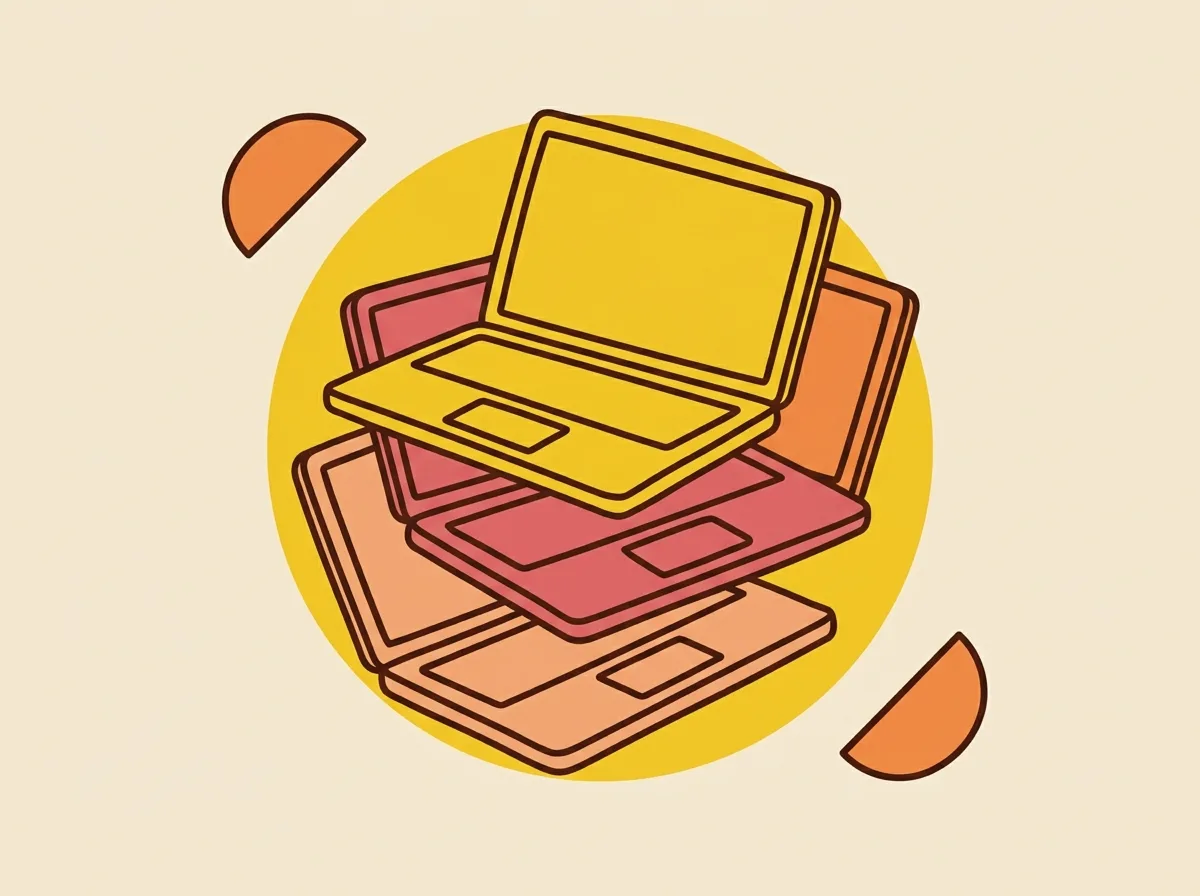 Illustration éditoriale de trois ordinateurs portables empilés en collage (yellow, rose, apricot), halo jaune et demi-cercles tangerine