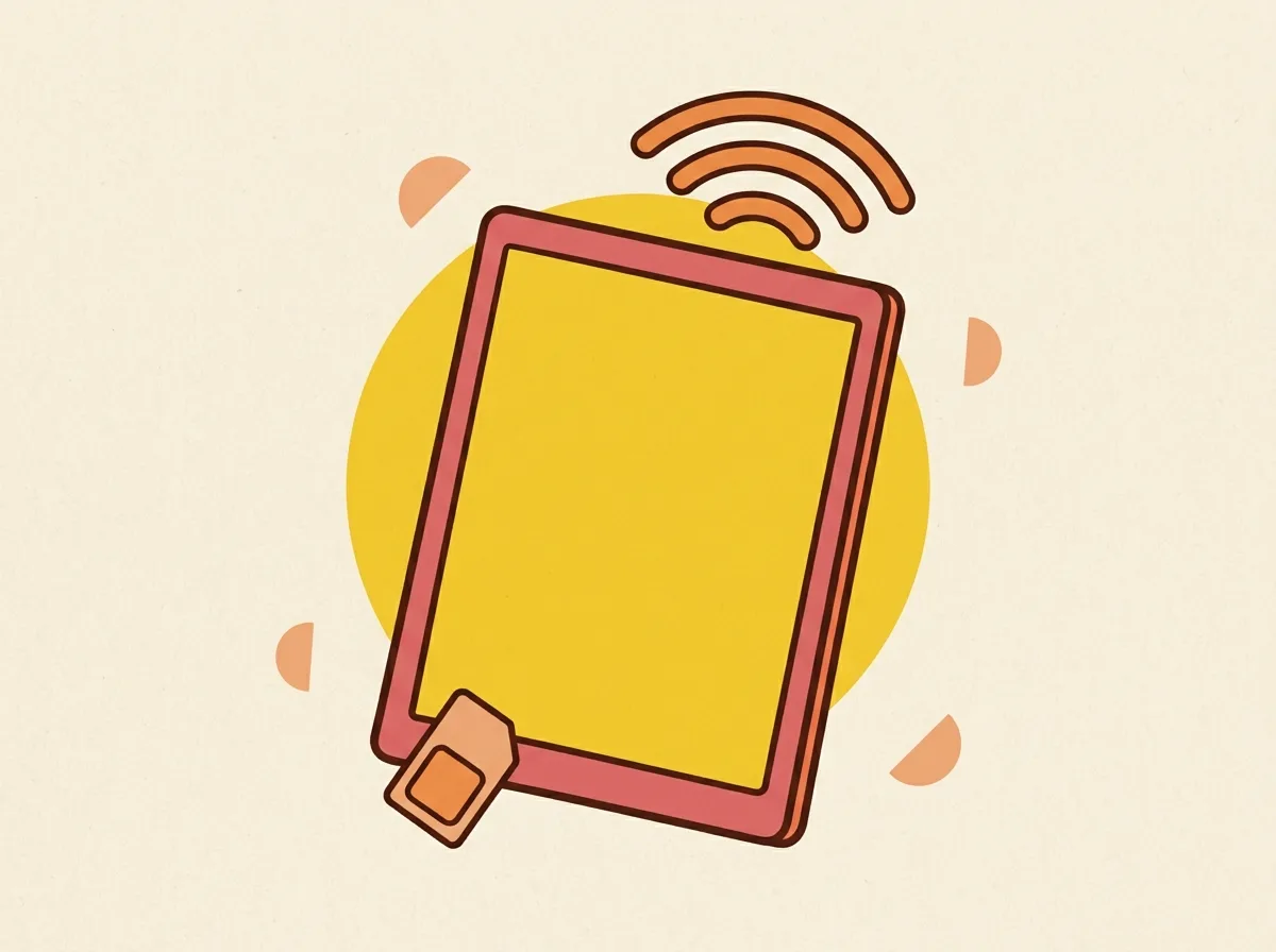 Illustration éditoriale d'une tablette avec arcs de signal 5G en tangerine et carte SIM apricot, halo jaune