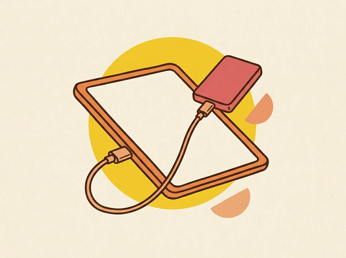Illustration éditoriale d'une tablette tangerine avec câble USB-C courbé vers un SSD rose-pink, halo jaune