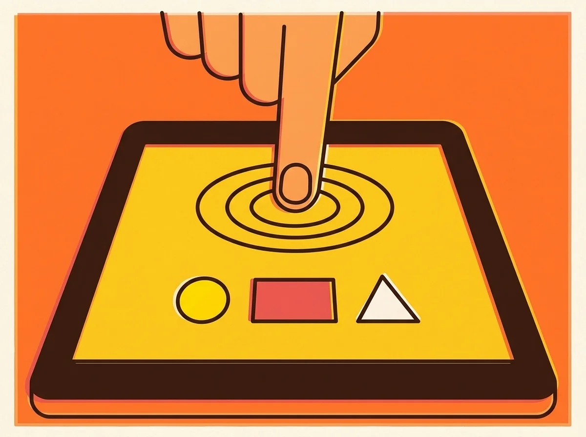 Illustration éditoriale d'un doigt touchant un écran tactile, ripple concentriques et formes UI géométriques