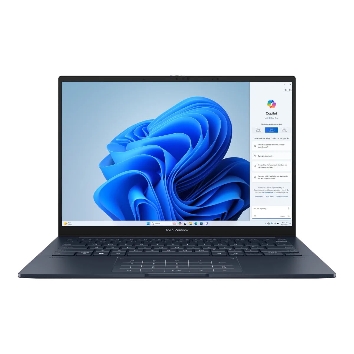 ASUS Zenbook 14 OLED UX3405 vu de profil, châssis aluminium fin