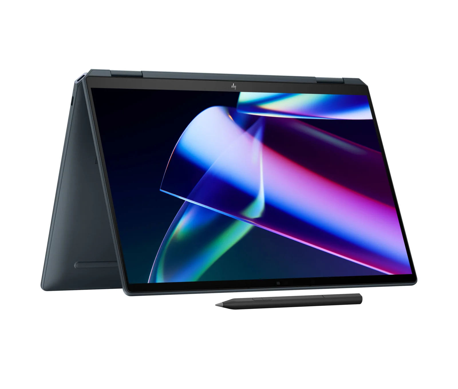 HP Spectre x360 14 (2026) en finition Nightfall Black avec arêtes dorées, en mode tente sur un bureau