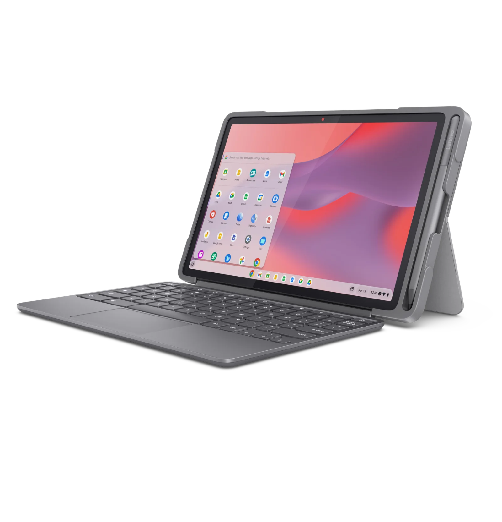 Lenovo Chromebook Duet 11 Gen 2 en mode tablette avec clavier folio détaché, stylet USI 2.0 posé à côté